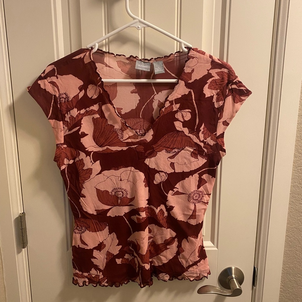 Old Navy XL Juniors Top Nylon Stretch Blouse Floral Pink Burgundy Shirt